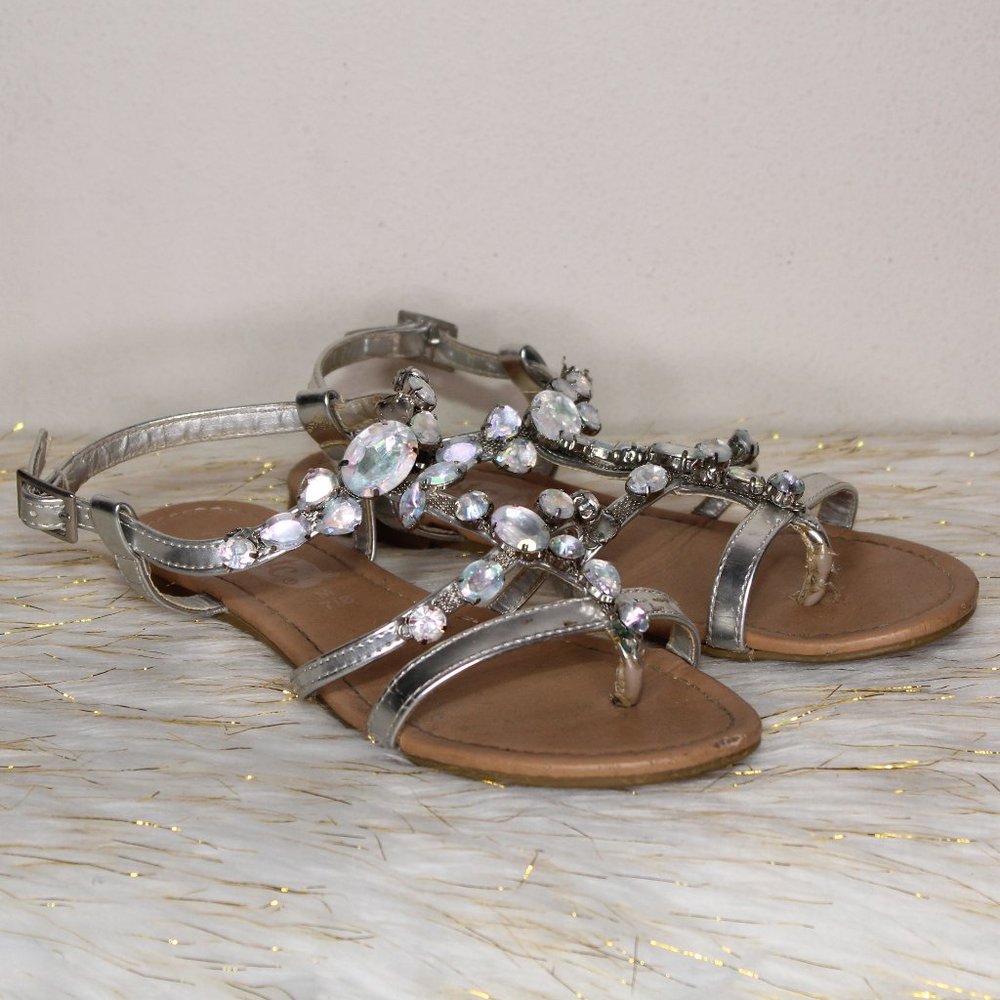 Silver Rhinestone Flat Strappy Sandals